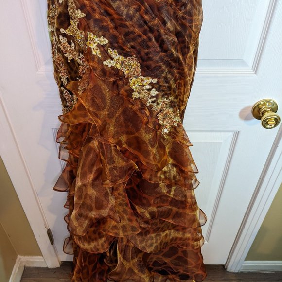 Jasz Couture Leopard Beaded Ruffled Tiers Halter Maxi Dress - size 2 NWT - Picture 3 of 16